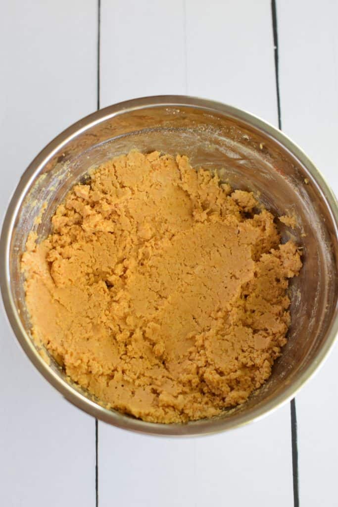 overhead of chickpea mixture after all ingredients were combined in mixing bowl