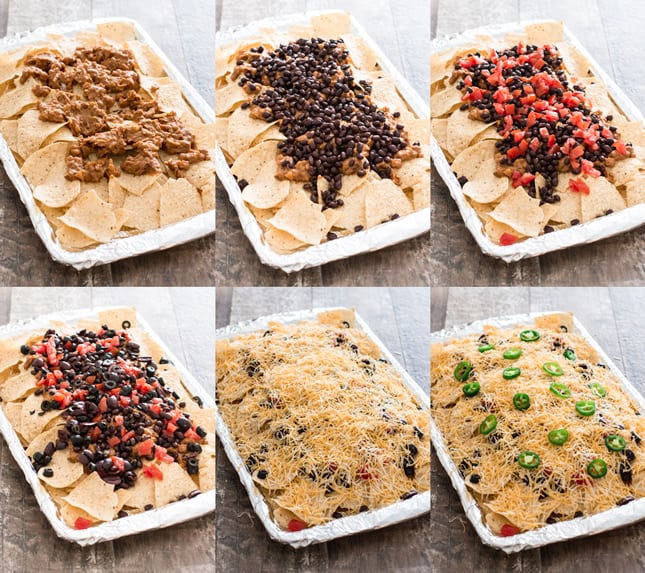 collage of 6 photos showing layering of the nachos