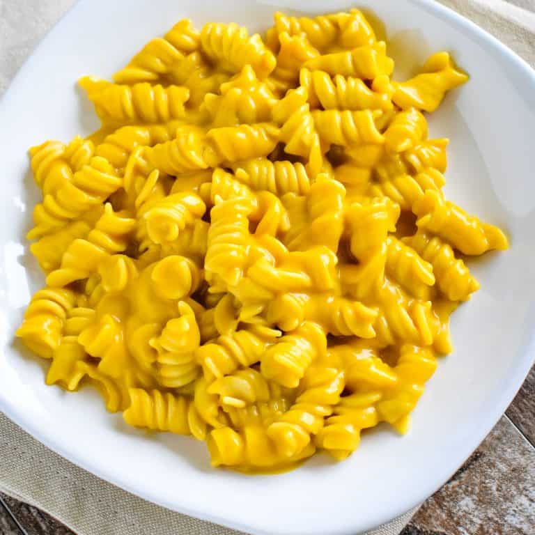 Close-up overhead of pasta with pumpkin cheese sauce on white plate