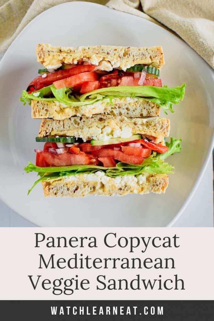 pin showing open sandwich on white plate with text title overlay.