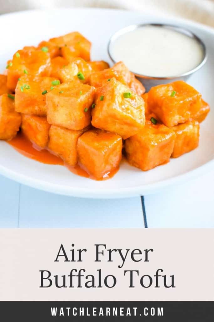 Pin showing buffalo tofu on a plate with text title overlay.