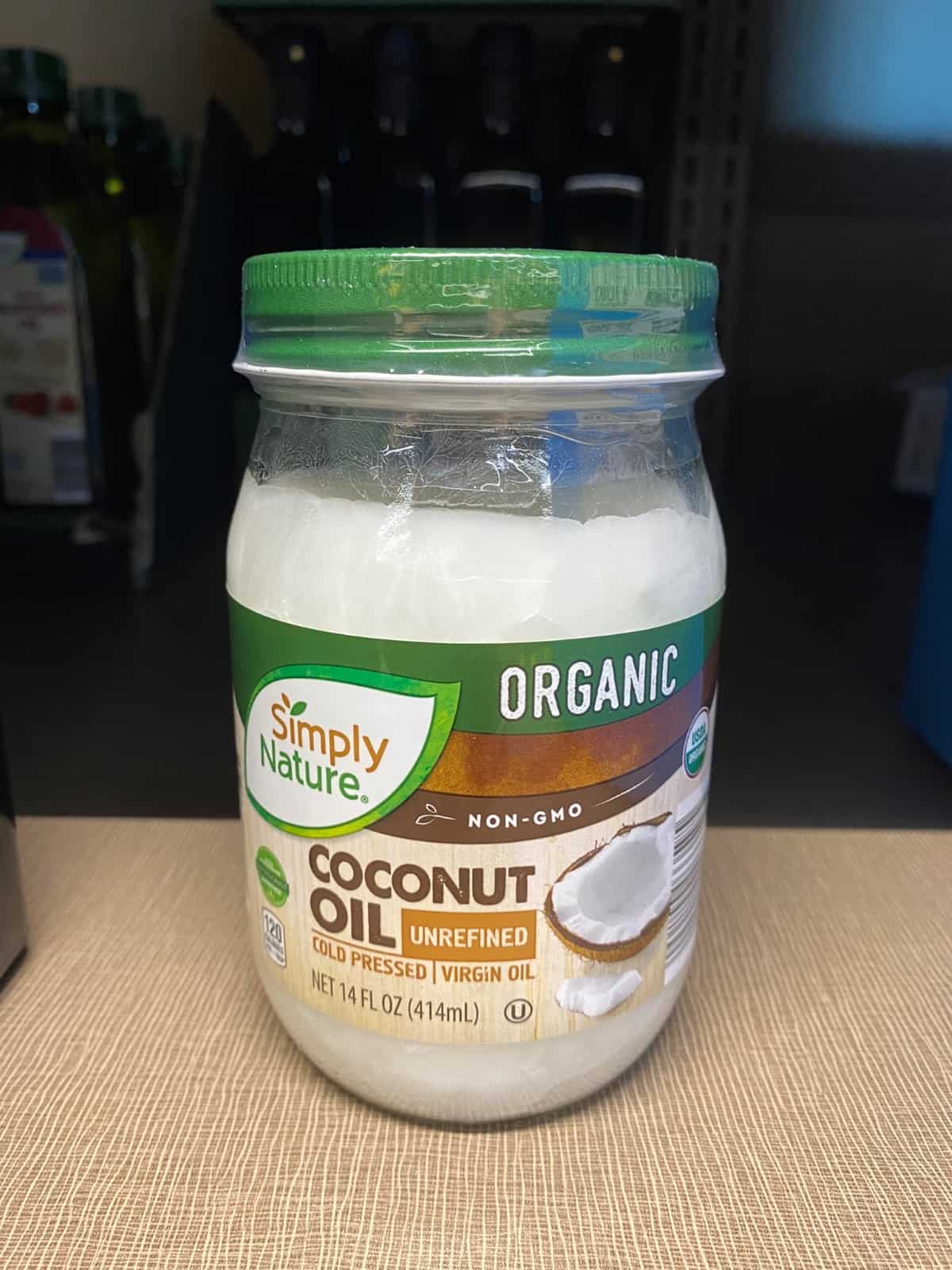 Aldi Coconut Oil on a shelf.
