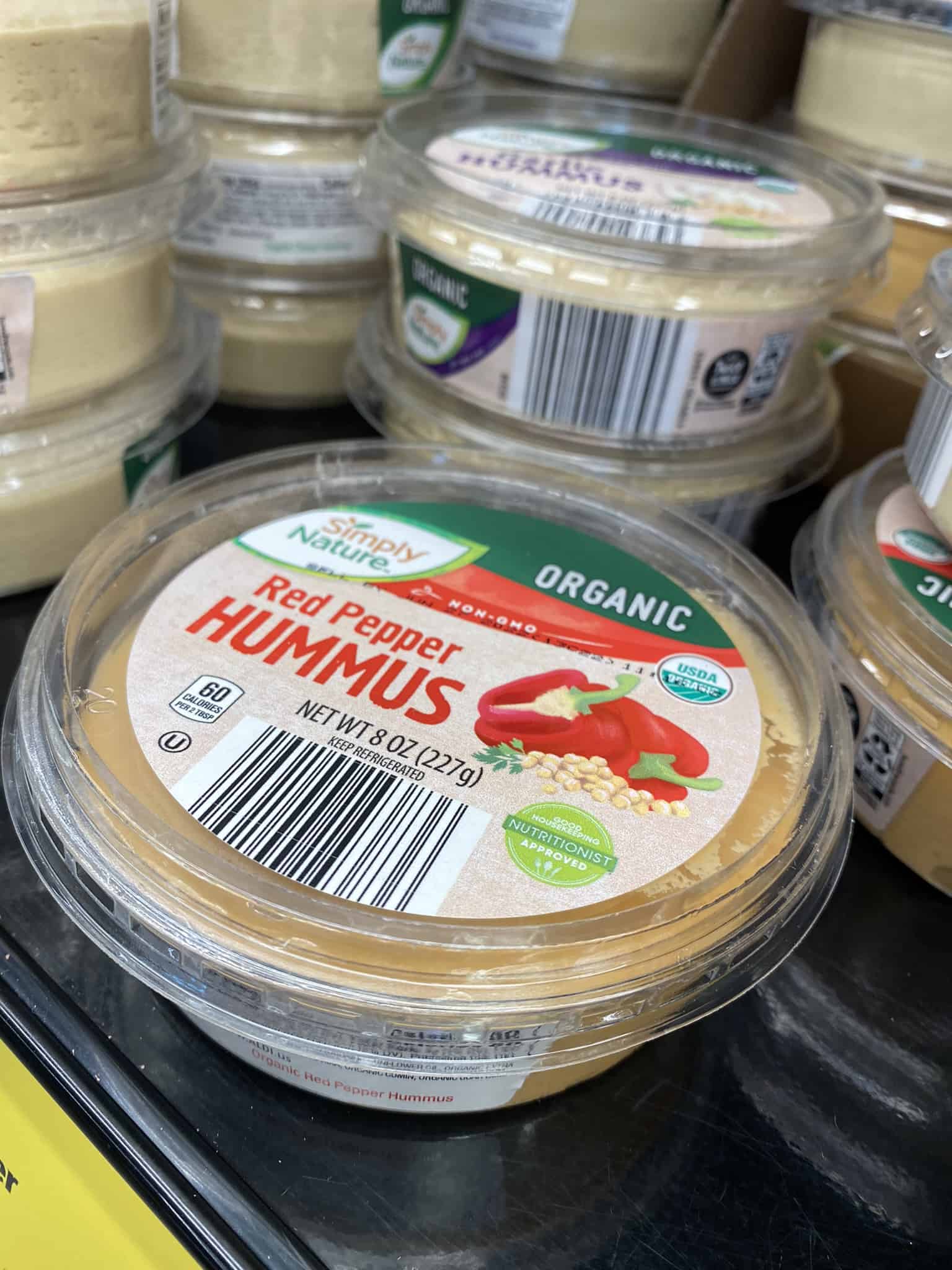 Red Pepper Hummus on Aldi shelf.