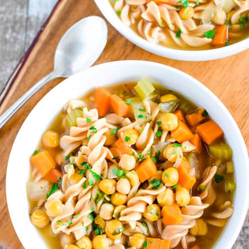 Chickpea Noodle Soup in white bowls.