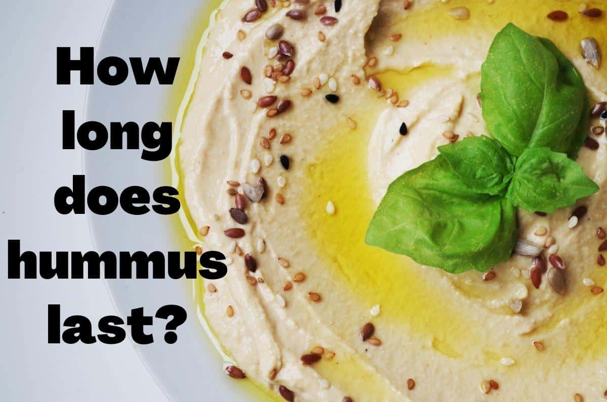 hummus in bowl with right side cut off and text title overlay on left.