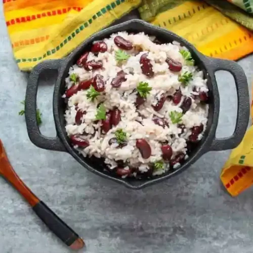 Jamaican Rice Beans in a serving dish.