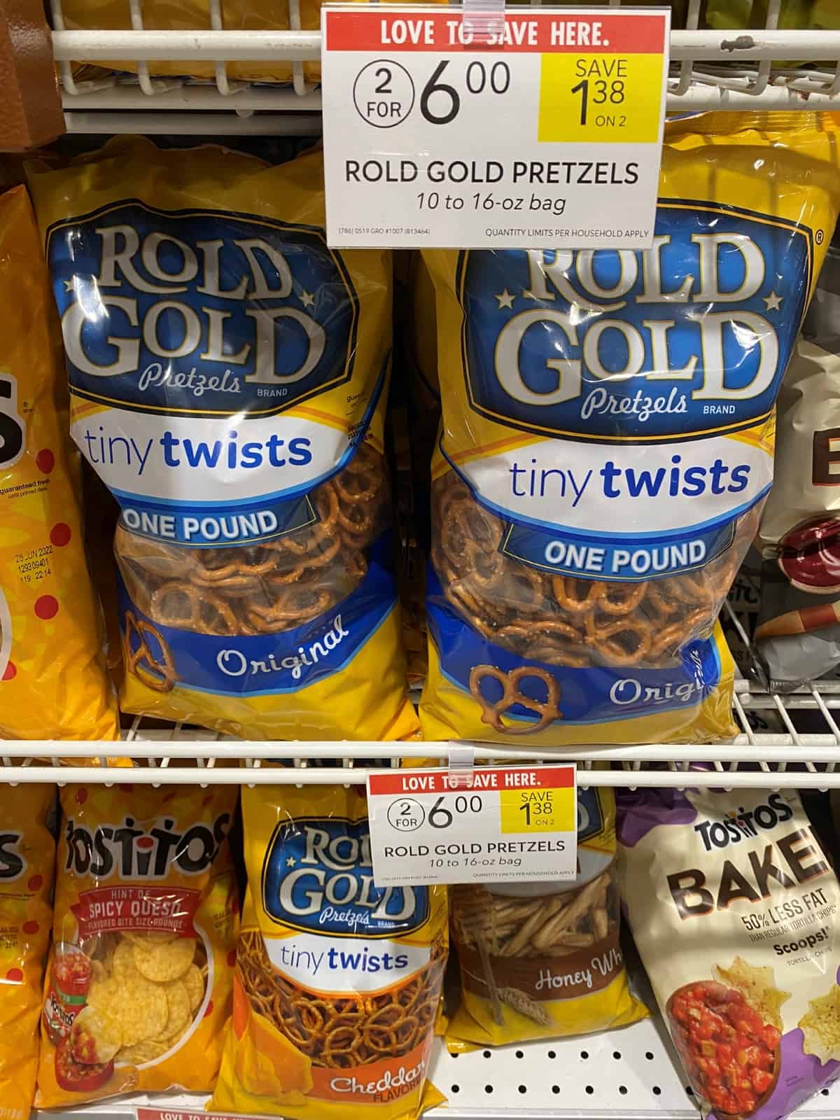 Rold Gold Pretzels on a supermarket shelf.