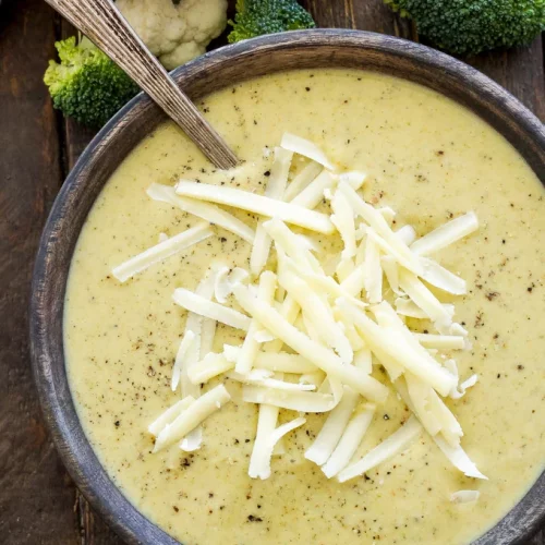 Slow Cooker Broccoli Cauliflower Cheese Soup in a bowl.