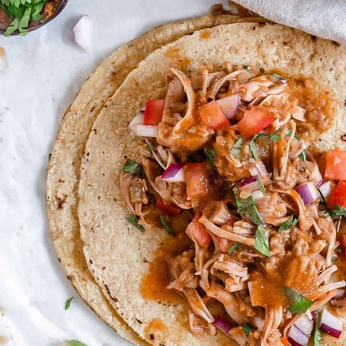 Slow Cooker Jackfruit Carnitas on a marble surface.