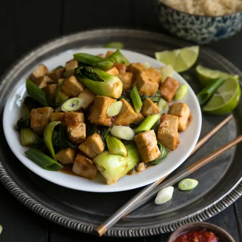 Spicy Stir Fried Tofu with Bok Choy on a plate.