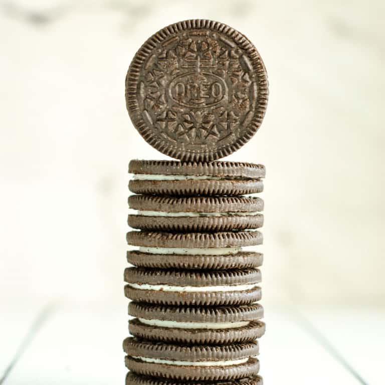 Stack of Oreo Cookies on a table.