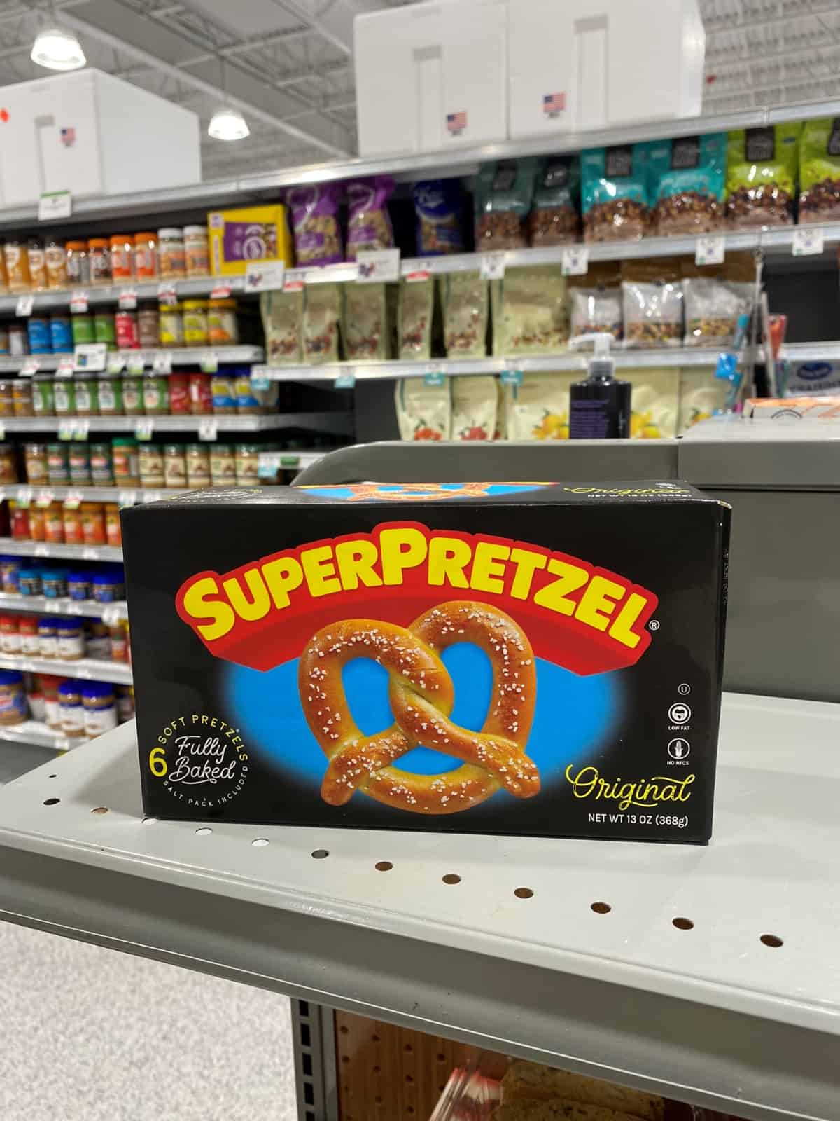 Super Pretzel Soft Pretzels on a supermarket shelf.