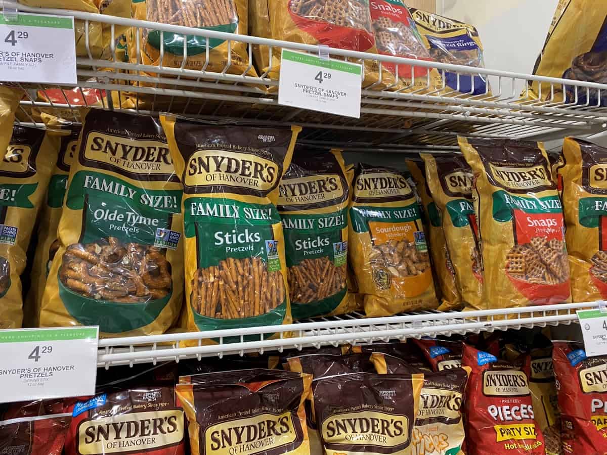 Snyder's Pretzels on a supermarket shelf.