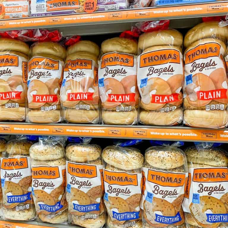 Thomas' bagels in packages on supermarket shelves.