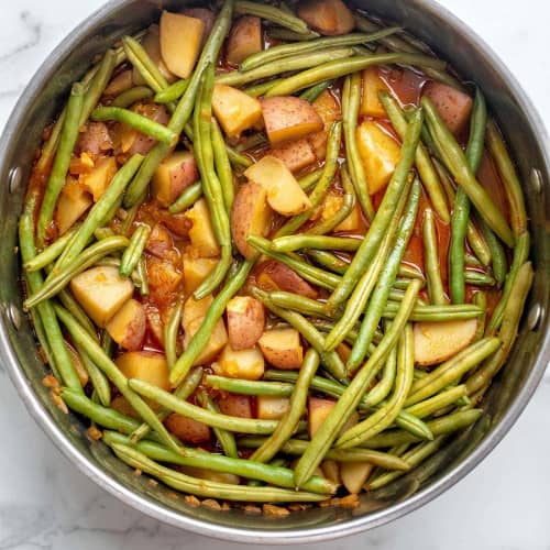 Vegan Southern Green Beans and Potatoes in a pan.