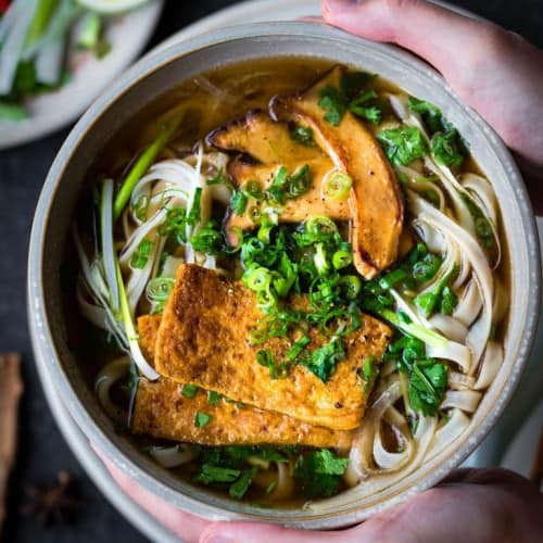 Vegan Vietnamese Pho Noodle Soup in a bowl.