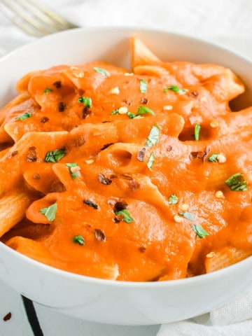 Vodka sauce with penne pasta in a bowl.