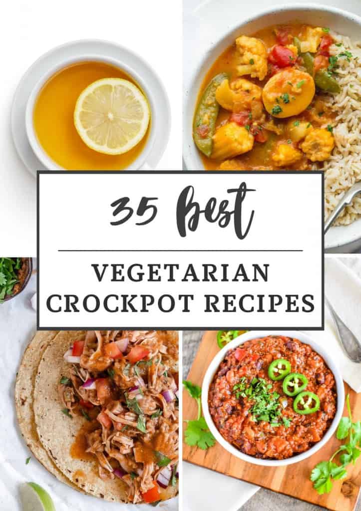 Collage of four vegetarian crockpot recipes with text title overlay.