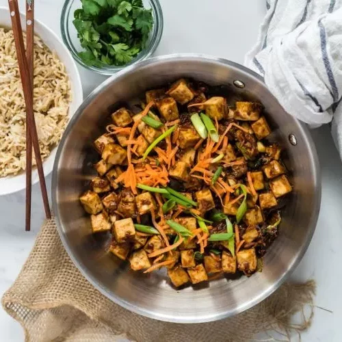 Mongolian tofu in a pan.