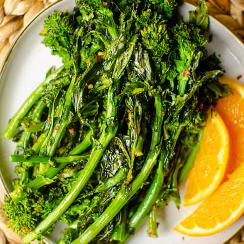 Roasted broccoli rabe on a plate.