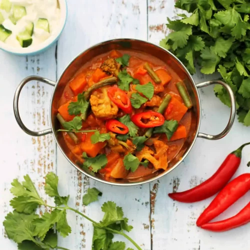 Slow cooker vegetable curry in a pan.