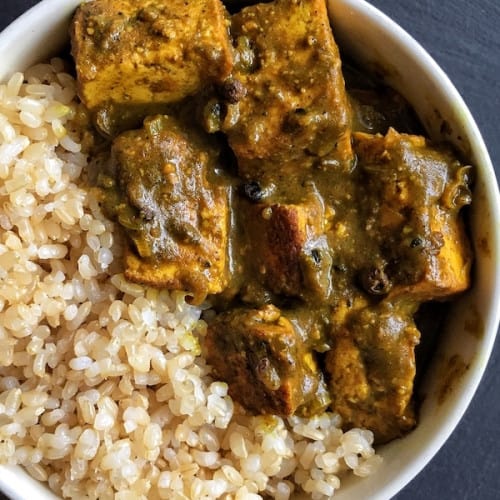 Vegan Jamaican tofu curry in a bowl.