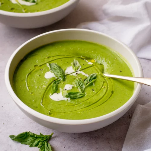 broccoli and pea soup in a bowl.
