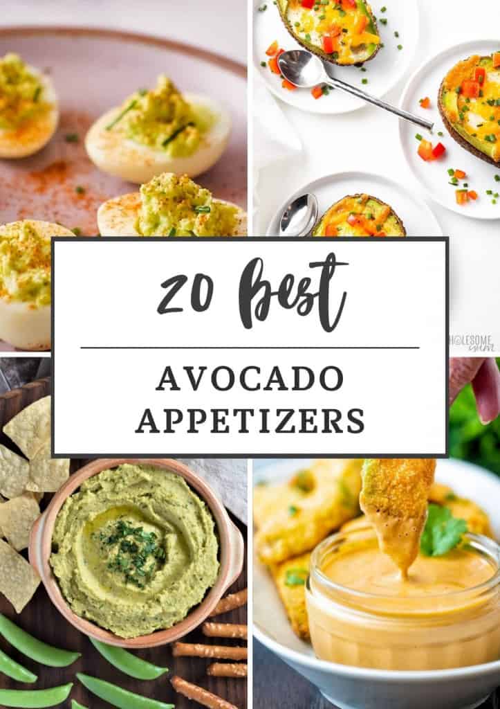 Collage of four avocado appetizers for your next party with text title overlay.