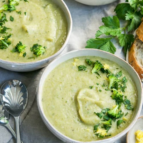 potato broccoli soups in bowls.