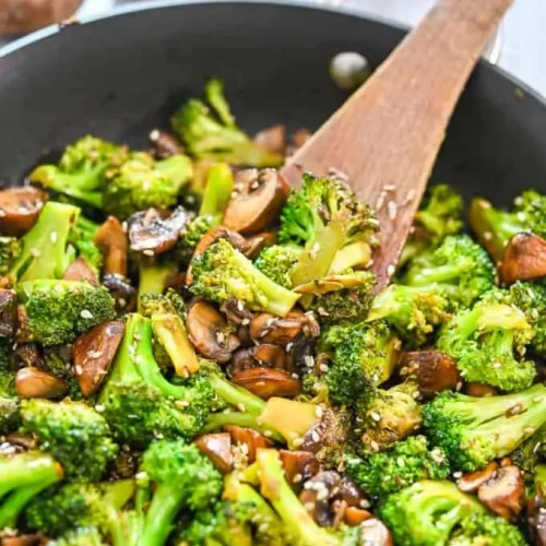 Broccoli with Mushrooms in a pan.