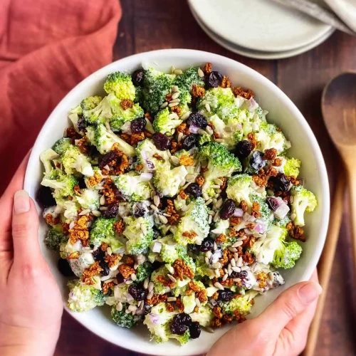 vegan broccoli salad in a bowl.