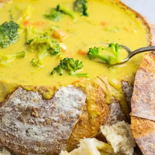 Vegan Broccoli Cheddar Soup in a bread bowl.