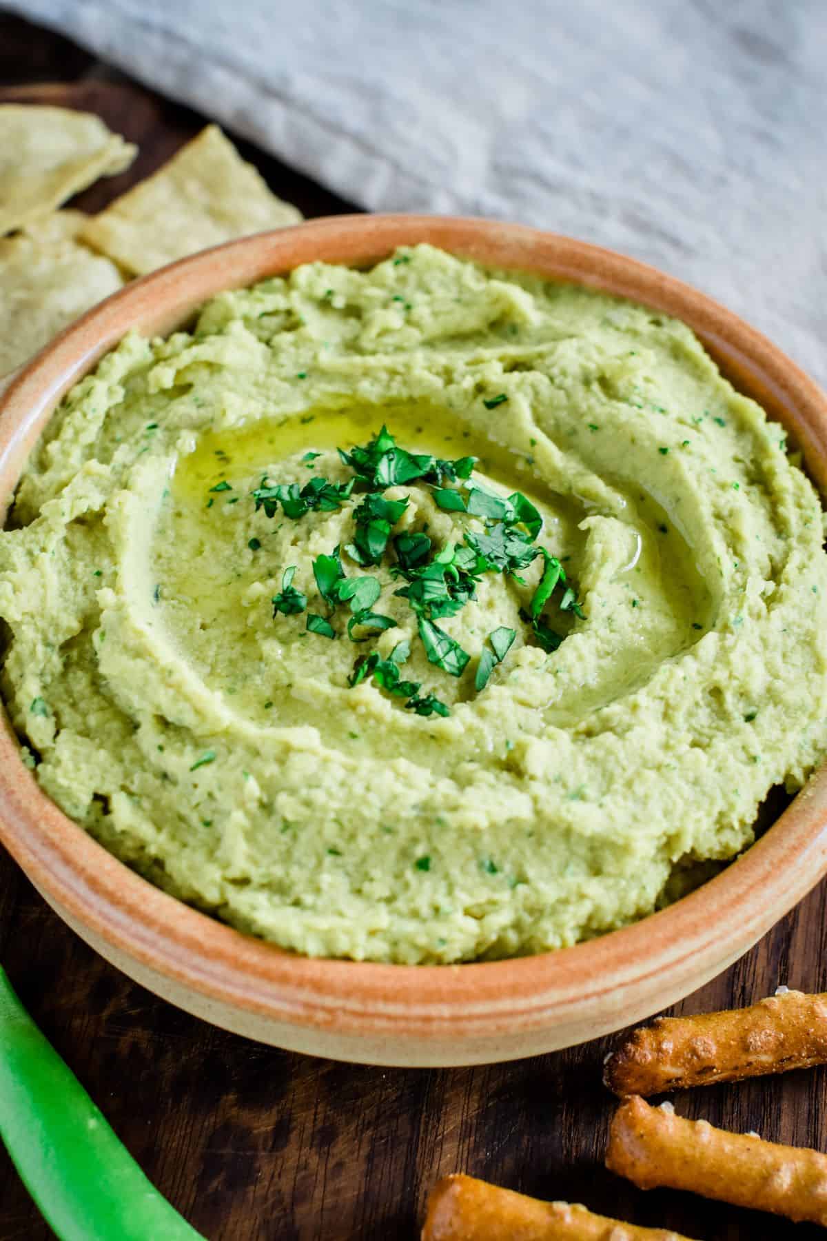 close-up of hummus in a bowl.