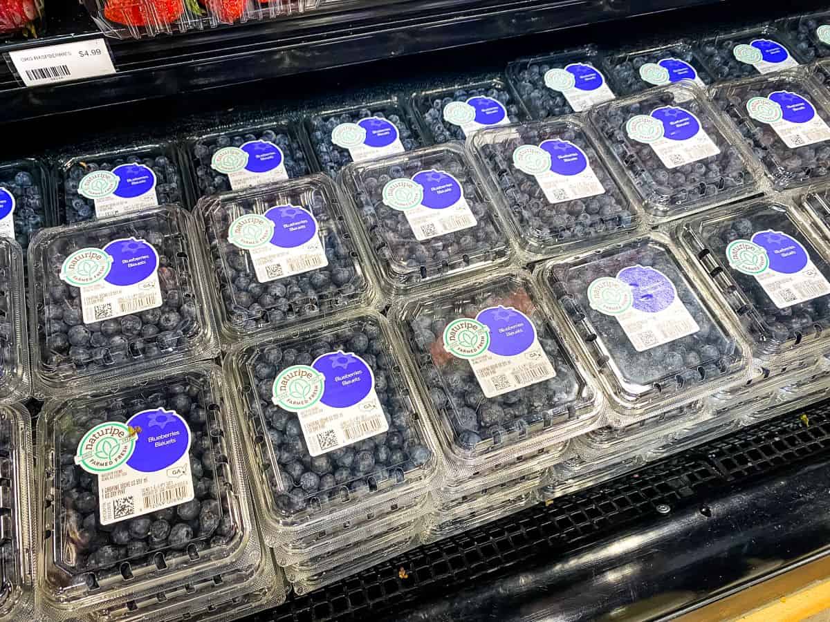 Blueberries on supermarket shelf.