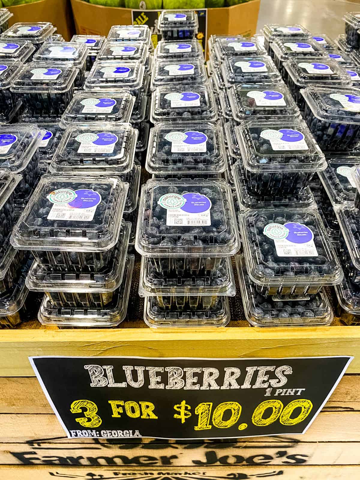 Blueberries on display at supermarket.