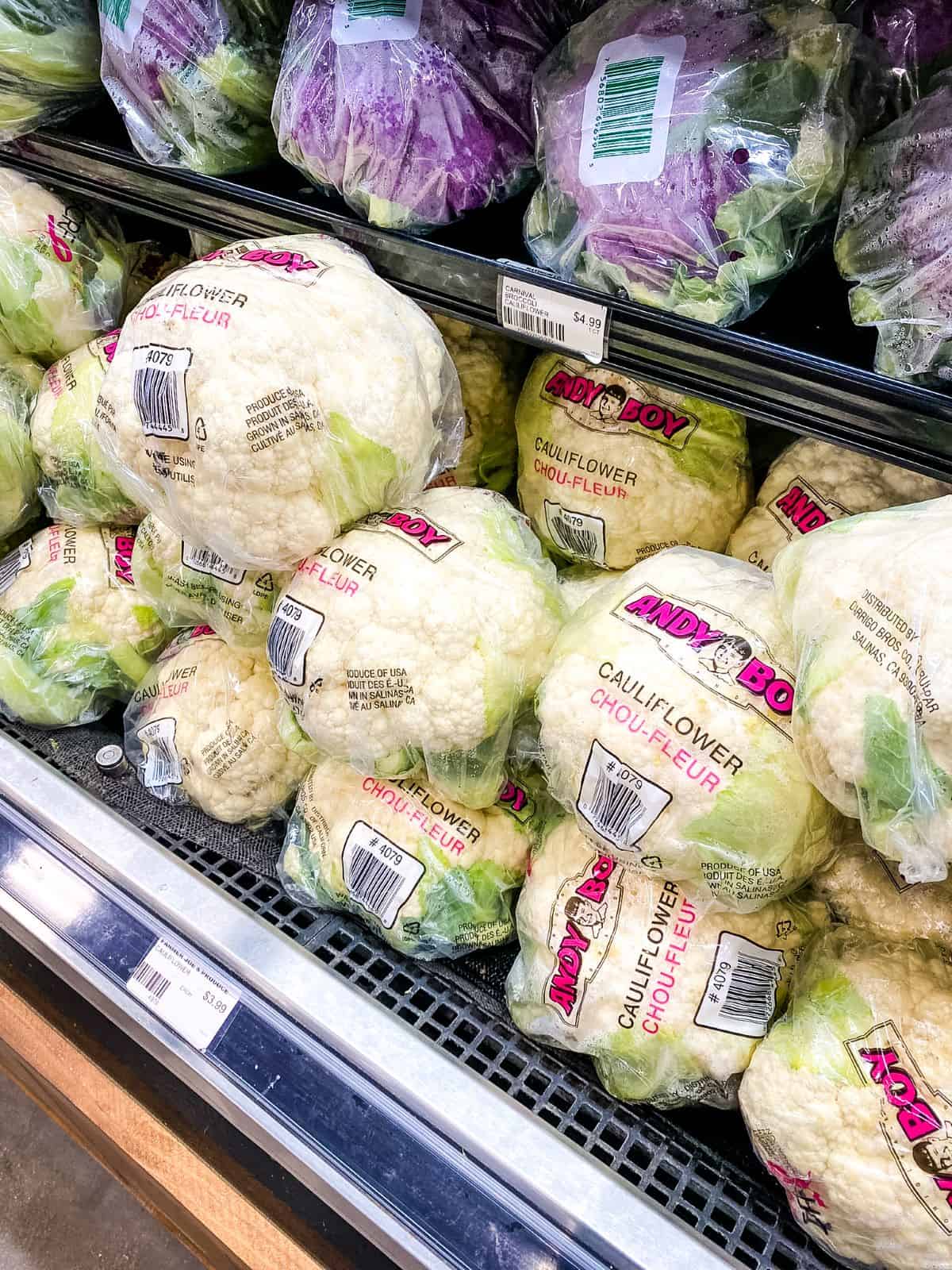 Cauliflower on supermarket shelves.