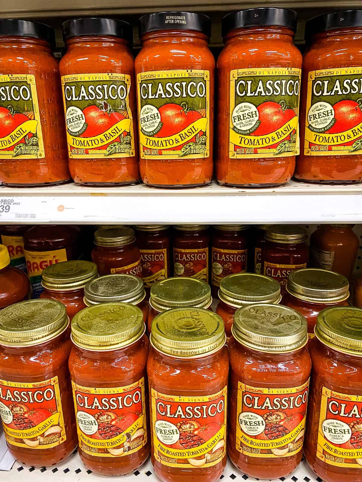Classico Tomato Sauce on supermarket shelves.