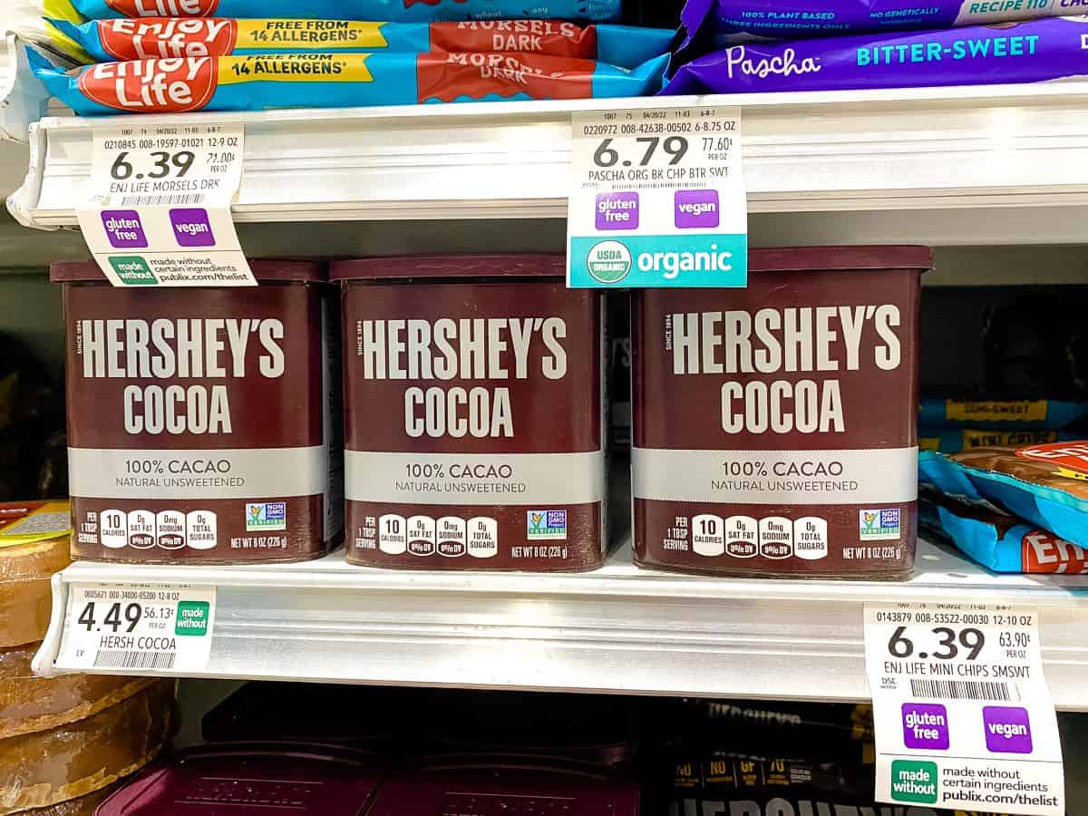 Hershey's Cocoa Powder on supermarket shelf.