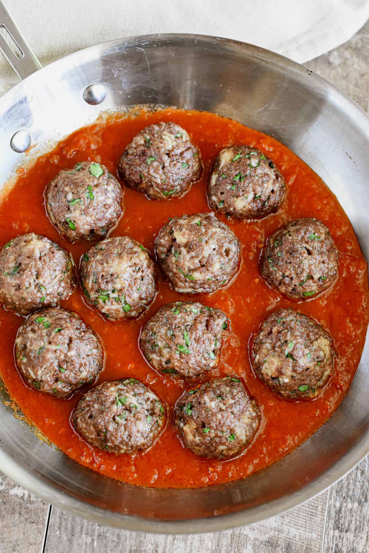 Impossible Burger Meatballs in a pan.