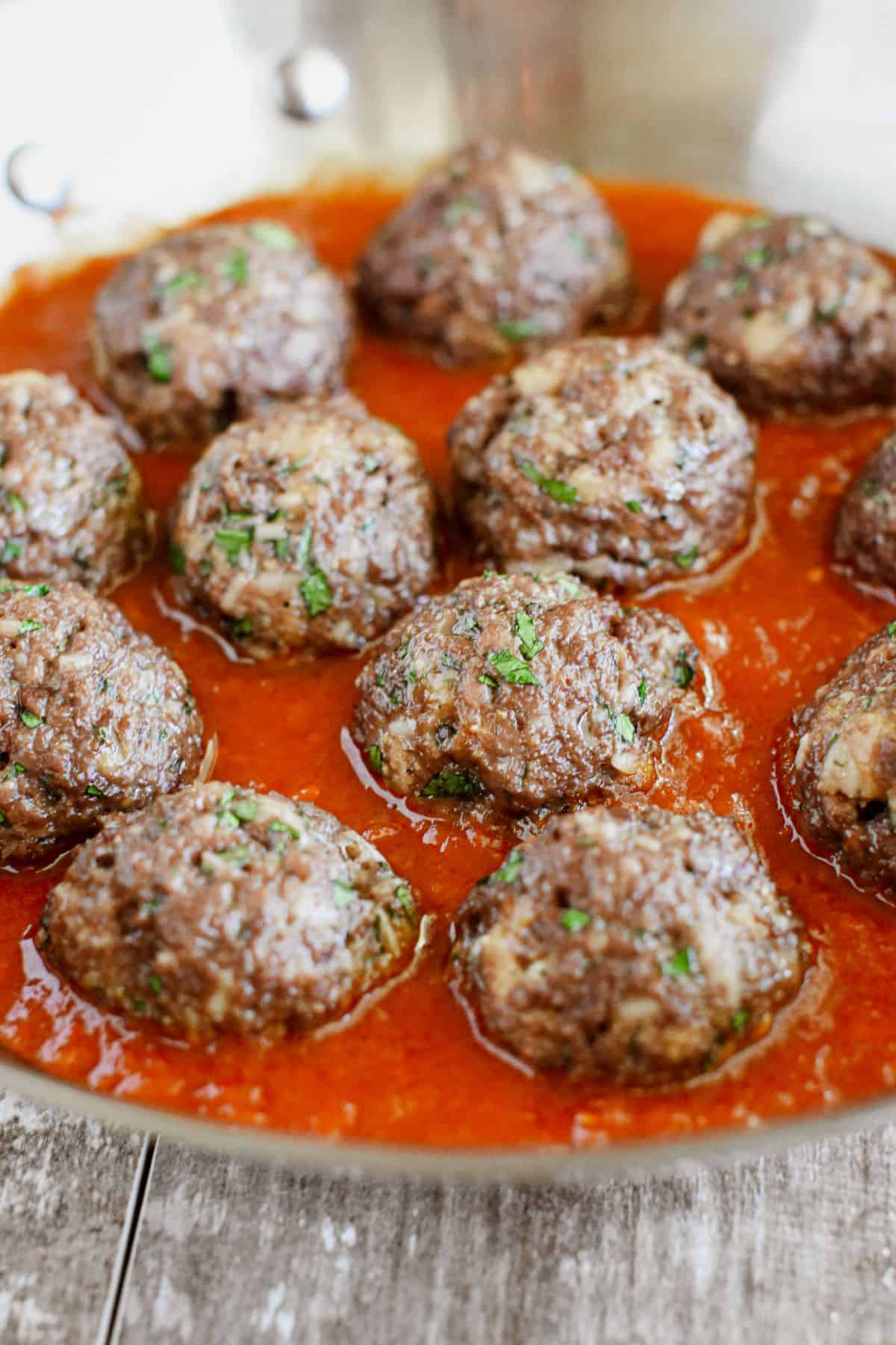 Impossible Burger Meatballs in a pan close up.