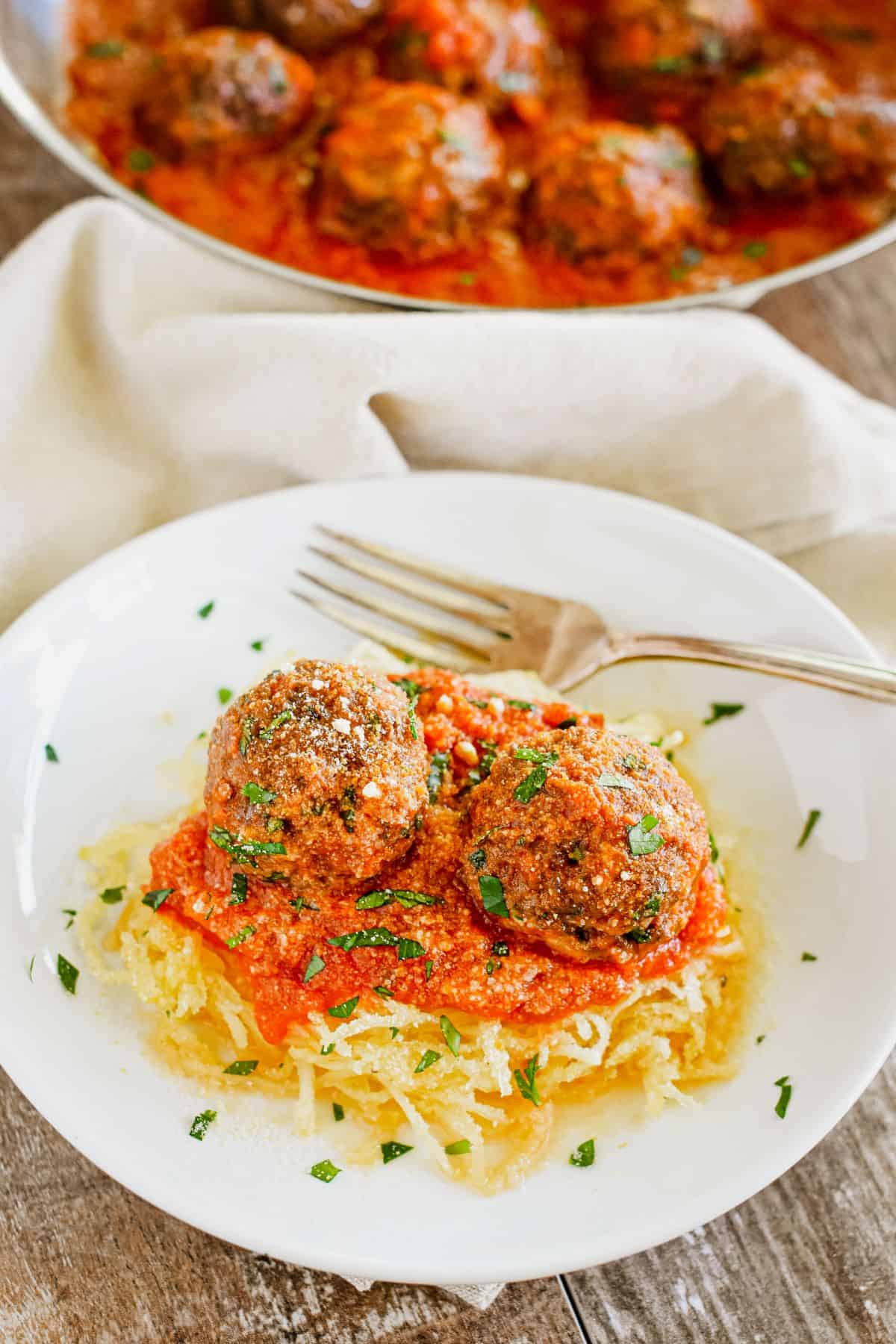 Impossible Burger Meatballs on top of spaghetti.