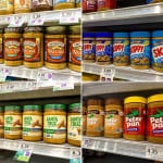 Collage of four types of peanut butter on supermarket shelves.