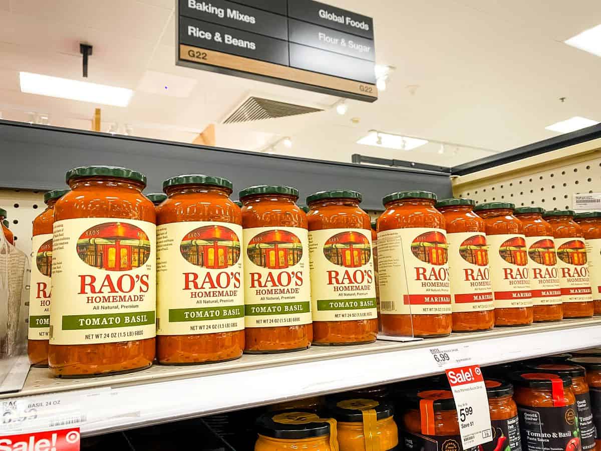 Jars of Rao's Tomato Sauce on supermarket shelves.