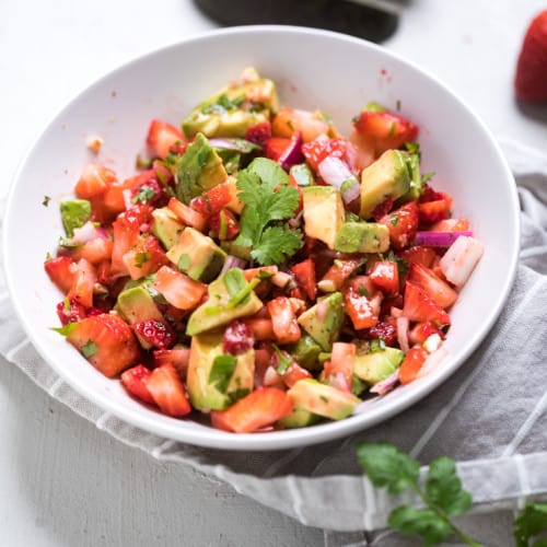 Strawberry avocado salsa in a bowl.