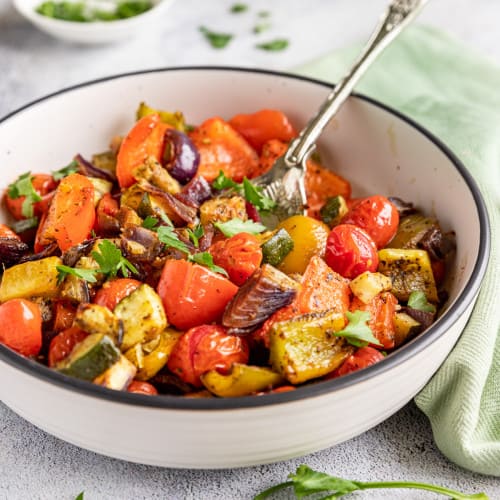 Mediterranean roasted vegetables in a bowl.
