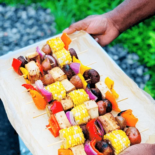 Shish kebabs on a tray.