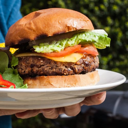 BBQ vegan burger on a plate.