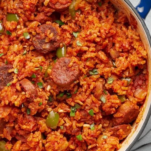 Vegan Charleston red rice in a pan.