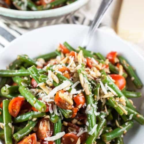 Marinated Green Bean Salad in a white bowl.