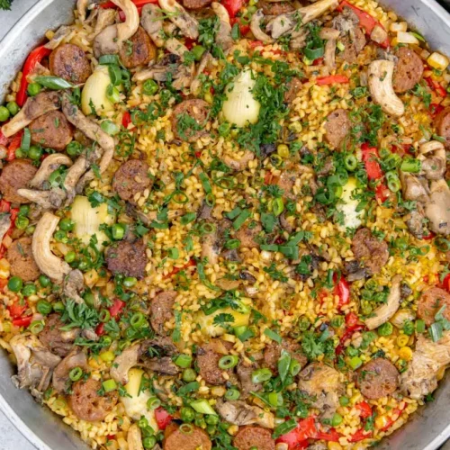 Beyond Sausage Vegan Paella in a pan.